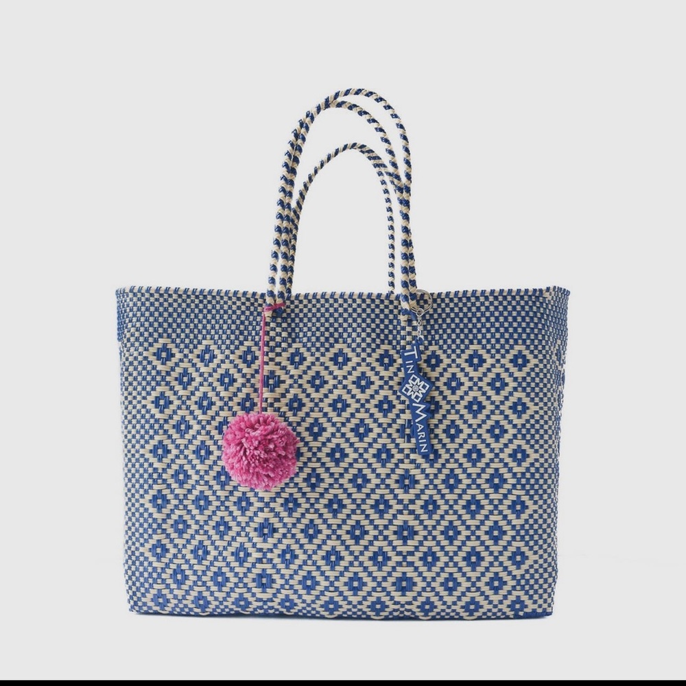 Blue and Cream Woven Tote Bag with Pink Pom Pom